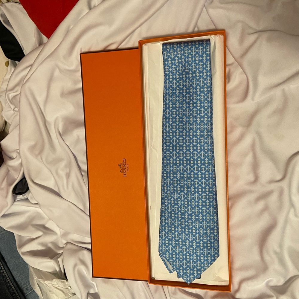 Original Hermes Tie, New with Tag and Box. Light Blue, 100% Silk, Made in France